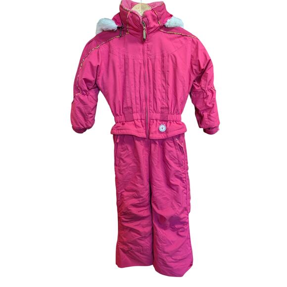 Obermeyer Toddler Girls One-Piece Snowsuit Size 5 – Pink Floral, Faux Fur Hood - Picture 2 of 5